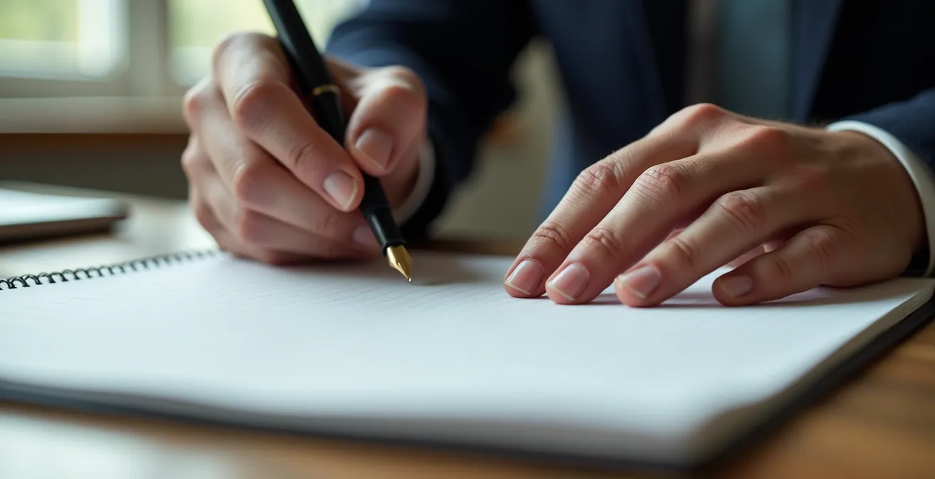 Gros plan sur des mains crispées tenant un stylo au-dessus d'un carnet, montrant la tension du perfectionnisme