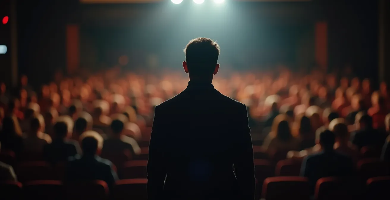 Vue de dos d'une personne face à un public représenté par des silhouettes floues